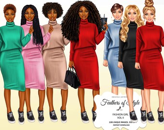 Fashion girl clipart, Fashionable woman clipart, City girl clipart, Fashionable girls clipart, African American clipart, Afro girls clipart