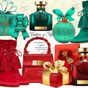 May include: A digital illustration set of Christmas themed clip art featuring red and green boots, purses, gift boxes, and perfume bottles. The illustration includes the text "Feathers of Style" and "Fashion Girl Vol. 21 Images, 300 DPI Instant Download".