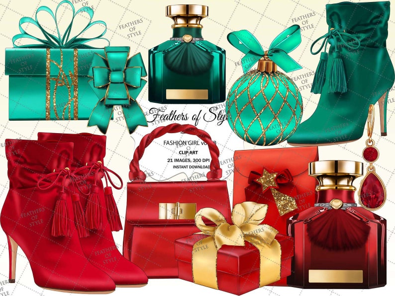 May include: A digital illustration set of Christmas themed clip art featuring red and green boots, purses, gift boxes, and perfume bottles. The illustration includes the text "Feathers of Style" and "Fashion Girl Vol. 21 Images, 300 DPI Instant Download".
