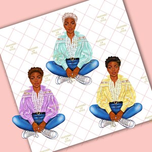 May include: Three illustrations of women wearing different colored blouses with lace detailing, blue jeans, and white sneakers. Each woman has a different hairstyle and skin tone.