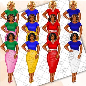 May include: Digital illustration of eight women with different hairstyles and skin tones wearing various outfits. Each woman is wearing a skirt and a top in different colors, including red, blue, green, yellow, white, and pink. The women are standing in a row, and each woman is looking at the camera.