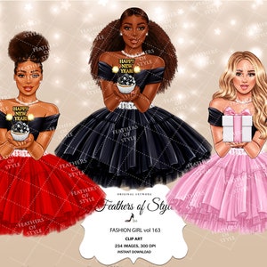 Happy New Year clipart, clipart fille patron, Noël fille clipart, clipart anniversaire fille, clipart Afro fille