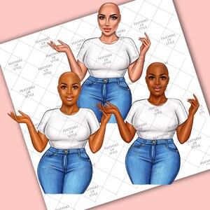 May include: Digital illustration of three women wearing white t-shirts and blue jeans. The women have shaved heads and are in different skin tones. The text "FEATHERS OF STYLE" is repeated around the figures.