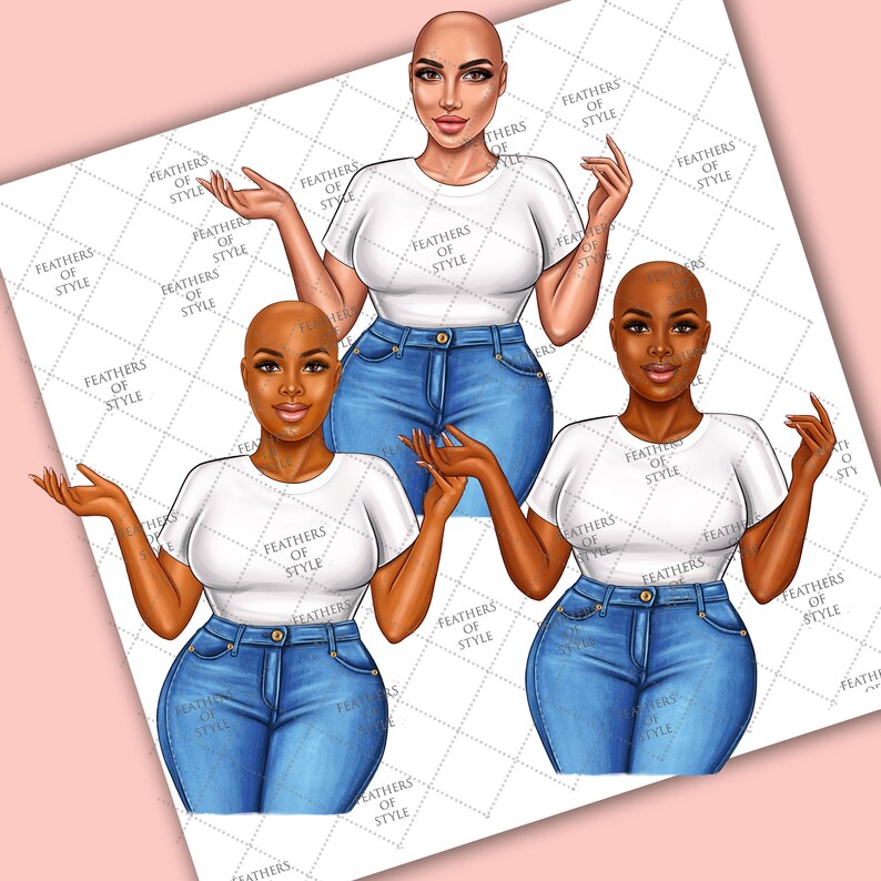 May include: Digital illustration of three women wearing white t-shirts and blue jeans. The women have shaved heads and are in different skin tones. The text "FEATHERS OF STYLE" is repeated around the figures.