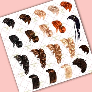 May include: A collection of 18 digital illustrations of different hairstyles for women. The hairstyles are drawn in a cartoon style and feature various colors, lengths, and styles.