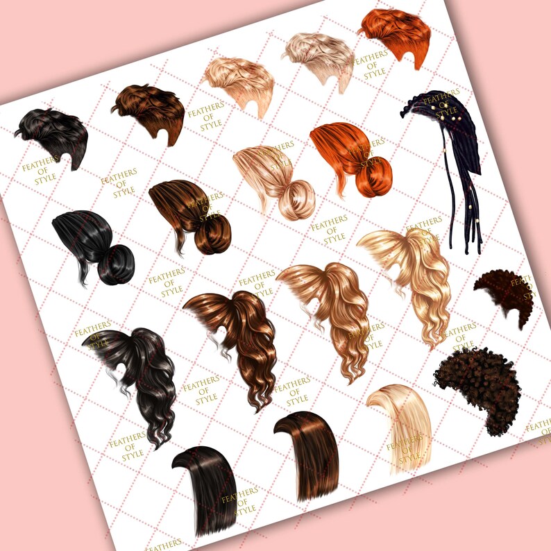 May include: A collection of 18 digital illustrations of different hairstyles for women. The hairstyles are drawn in a cartoon style and feature various colors, lengths, and styles.