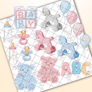 May include: A set of baby shower decorations featuring blue and pink colors. The set includes a rocking horse, a teddy bear, a rattle, a baby bottle, blocks that spell out "BABY", and balloons with the text "Welcome Baby".
