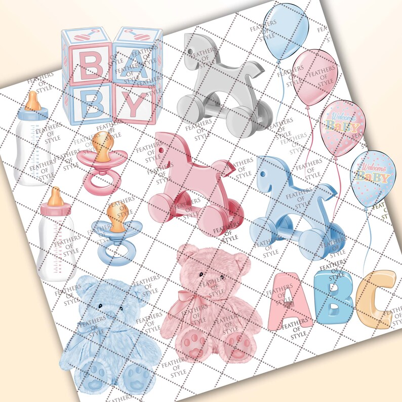 May include: A set of baby shower decorations featuring blue and pink colors. The set includes a rocking horse, a teddy bear, a rattle, a baby bottle, blocks that spell out "BABY", and balloons with the text "Welcome Baby".