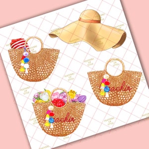 May include: Three straw tote bags with colorful tassels and flowers. The bags have the word "Vacation" written on them in red.