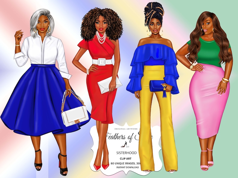 May include: Four digital illustrations of women wearing different outfits. The women are all Black and have different hairstyles. The first woman is wearing a white shirt, a blue skirt, and a white purse. The second woman is wearing a red dress with a white belt and a white clutch. The third woman is wearing a blue off-the-shoulder top, yellow pants, and a blue clutch. The fourth woman is wearing a green shirt, a pink skirt, and a gold bracelet.