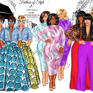 May include: Seven women in various poses wearing colorful outfits. The women are wearing skirts, dresses, and pants. The background is a black and white illustration of a city street.