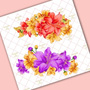 May include: A digital illustration of two bouquets of flowers. The first bouquet features red and yellow flowers with gold accents. The second bouquet features purple and yellow flowers with gold accents. Both bouquets are on a white background with a repeating pattern of small squares.