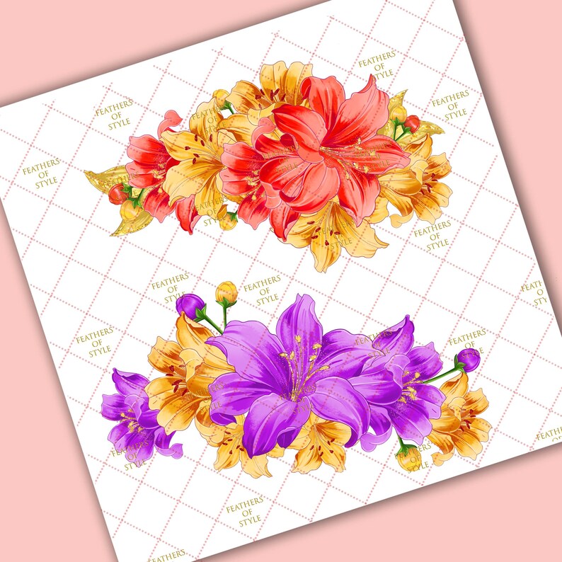May include: A digital illustration of two bouquets of flowers. The first bouquet features red and yellow flowers with gold accents. The second bouquet features purple and yellow flowers with gold accents. Both bouquets are on a white background with a repeating pattern of small squares.