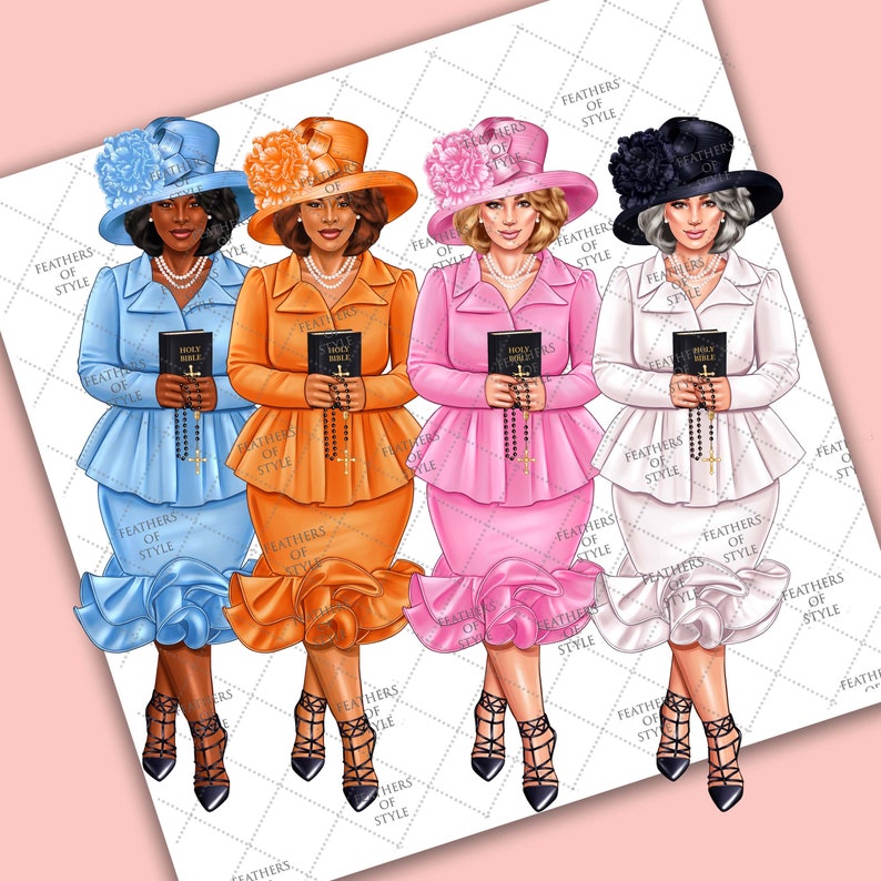May include: Four women wearing different colored suits and hats, each holding a book with the words "Holy Bible" on the cover. The women are all sitting with their legs crossed and are wearing black heels.