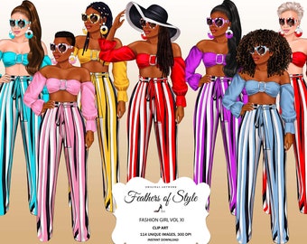 Fashion girl clipart, Fashion illustration, Fashionable women clipart, African American clipart, Afro girls clipart