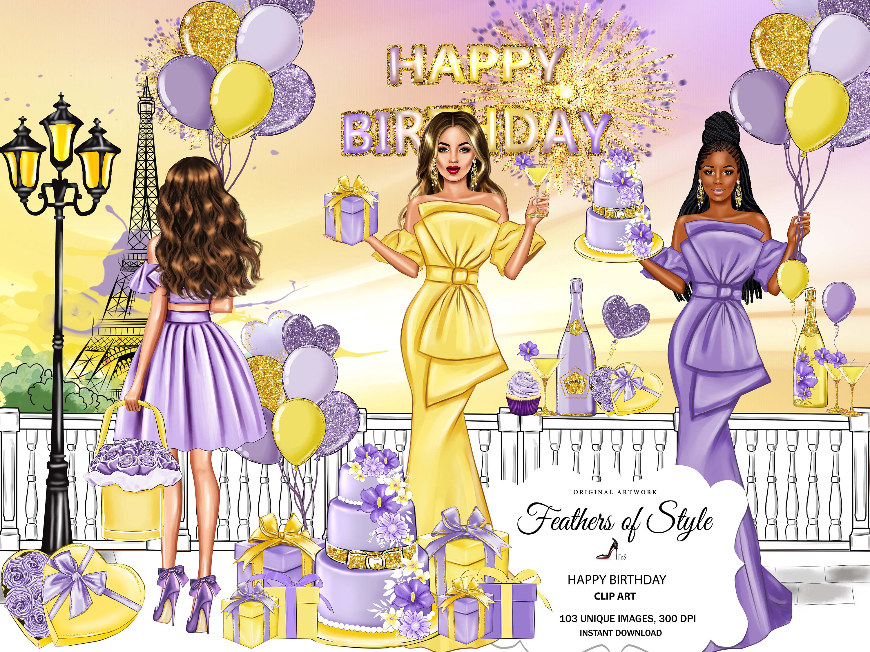 Happy Birthday Clipart, Party Clipart, Happy Birthday, Birthday Girl, Gift , Balloons,Birthday Cake,Champagne