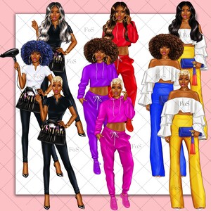 May include: Digital illustration of eight women with different hairstyles and outfits. The women are wearing a variety of clothing, including a red crop top and pants, a purple crop top and pants, a blue off-the-shoulder top and pants, a yellow off-the-shoulder top and pants, a black top and pants, and a white top and pants. The women are all smiling and looking at the camera.