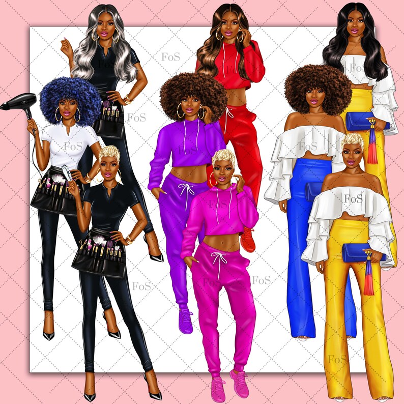 May include: Digital illustration of eight women with different hairstyles and outfits. The women are wearing a variety of clothing, including a red crop top and pants, a purple crop top and pants, a blue off-the-shoulder top and pants, a yellow off-the-shoulder top and pants, a black top and pants, and a white top and pants. The women are all smiling and looking at the camera.