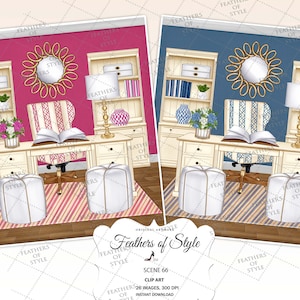 May include: Two home office scenes with a desk, chair, and book. The scene on the left has a pink wall and a pink and white striped rug. The scene on the right has a blue wall and a blue and white striped rug. Both scenes have a white desk, a white chair, a white ottoman, and a gold mirror.