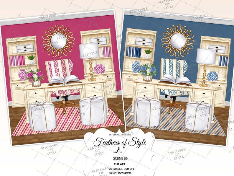 May include: Two home office scenes with a desk, chair, and book. The scene on the left has a pink wall and a pink and white striped rug. The scene on the right has a blue wall and a blue and white striped rug. Both scenes have a white desk, a white chair, a white ottoman, and a gold mirror.
