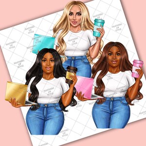 May include: Digital illustration of three women with different skin tones and hair colors, each holding a laptop and a coffee cup. They are wearing white t-shirts and blue jeans. The text "FEATHERS OF STYLE" is visible.