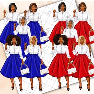 May include: Eight digital illustrations of women wearing white shirts and skirts. Four women are wearing red skirts and four women are wearing blue skirts. Each woman is holding a white handbag.