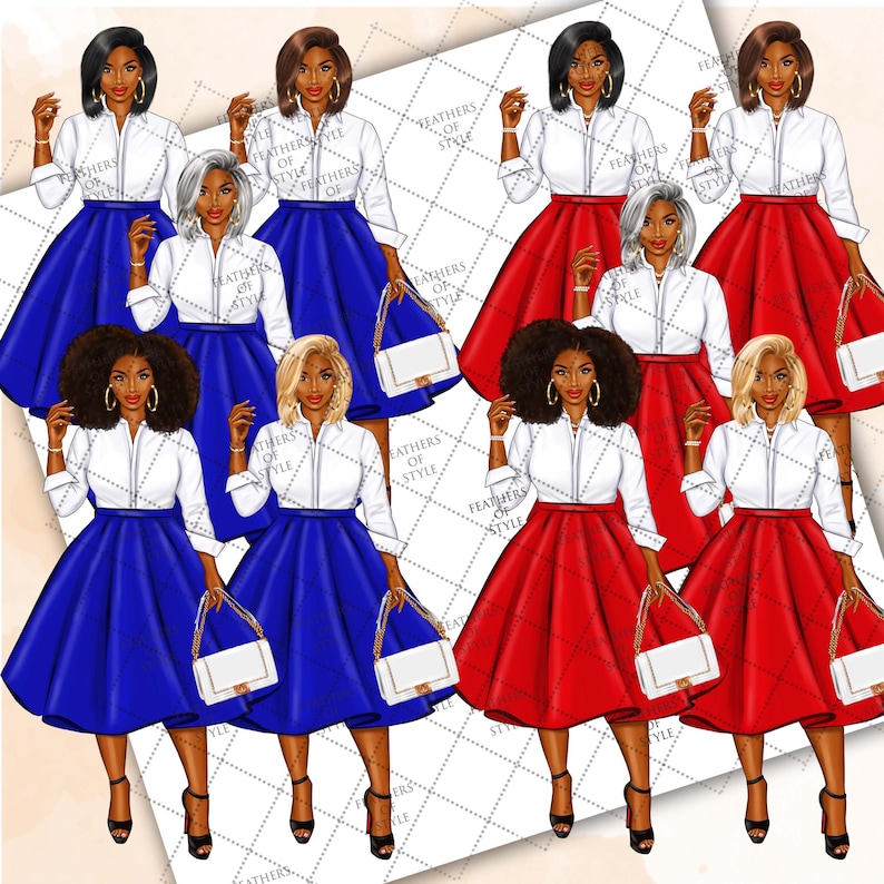 May include: Eight digital illustrations of women wearing white shirts and skirts. Four women are wearing red skirts and four women are wearing blue skirts. Each woman is holding a white handbag.