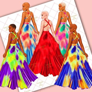 May include: Five women wearing different tie-dye maxi dresses with a criss-cross back design. The dresses are in shades of blue, red, yellow, green, and purple.