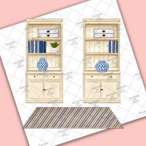 May include: Two white wooden bookcases with open shelves, each with a blue and white vase, books, and file folders. A blue and white striped rug is in front of the bookcases.