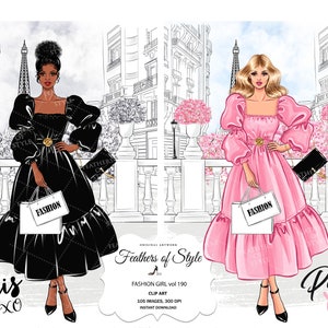 Paris Mädchen Clipart Frühlingsmode Clipart Mode Mädchen Clipart Designer Clipart Eiffelturm Paris Illustration Mädchen Shopping Clipart