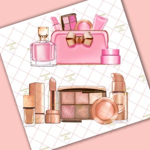 May include: A collection of makeup products including a pink perfume bottle, a pink makeup bag with a gold bow, a gold and brown eyeshadow palette, a gold lipstick, a gold nail polish, a gold foundation bottle, and a gold blush compact.