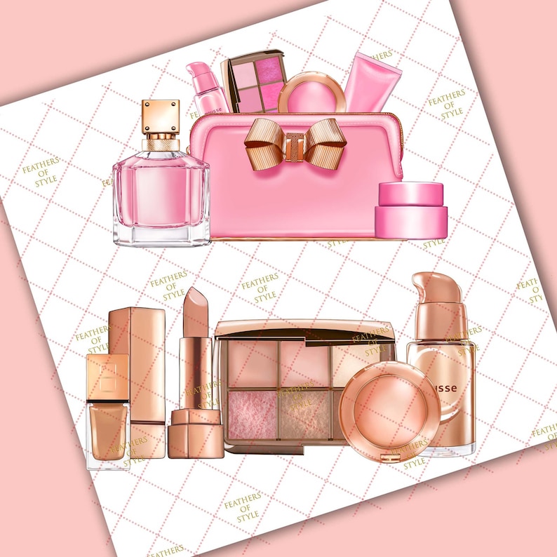 May include: A collection of makeup products including a pink perfume bottle, a pink makeup bag with a gold bow, a gold and brown eyeshadow palette, a gold lipstick, a gold nail polish, a gold foundation bottle, and a gold blush compact.