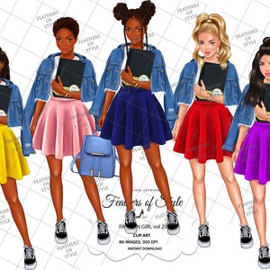 School girl clipart, Student girl clipart, Fashion girl clipart, Denim girl clipart, African American clipart, Afro girls clipart