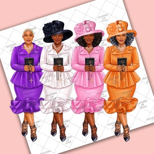 May include: Three women wearing matching outfits with ruffled skirts and hats. Each woman is holding a book and a rosary. The outfits are purple, white, and orange.