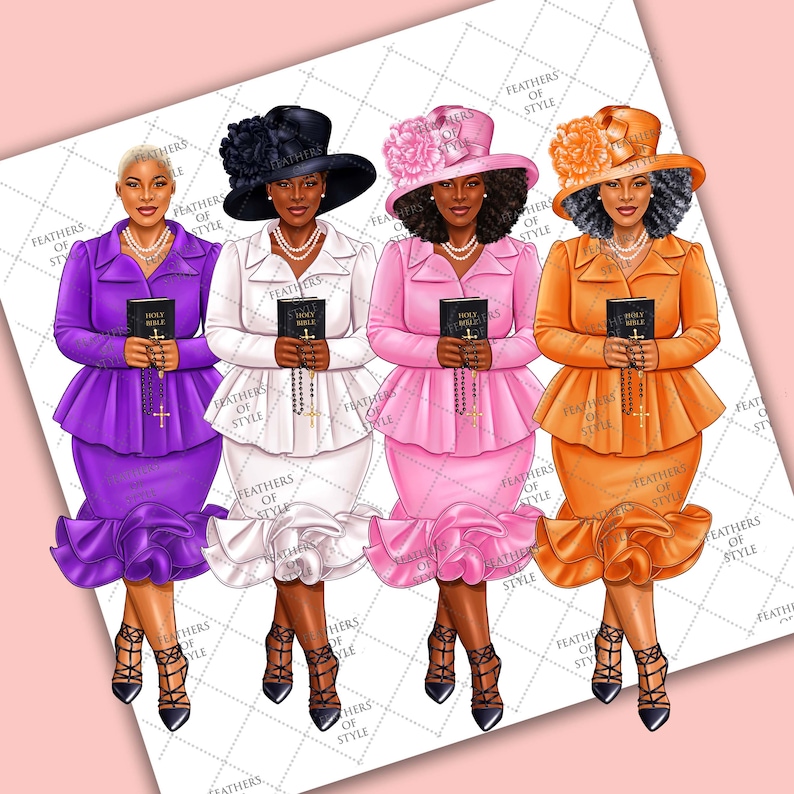 May include: Three women wearing matching outfits with ruffled skirts and hats. Each woman is holding a book and a rosary. The outfits are purple, white, and orange.