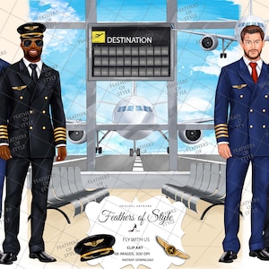 May include: Three pilots in uniform stand in front of an aircraft at the airport. The pilots are wearing blue and black suits with gold accents. The aircraft is in the background with the word "DESTINATION" on a sign above it.