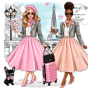 Paris Girls Clipart, Paris Travel clipart, Spring Fashion clipart, Eiffel Tower clipart, Parisian Illustration, Girl Travel Clipart