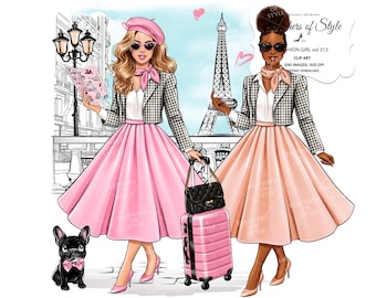 Clipart z Paryża dla dziewczyn, Clipart z podróży do Paryża, Clipart z wiosenną modą, Clipart z Wieżą Eiffla, Ilustracja Paryża, Clipart z podróży dla dziewczyn