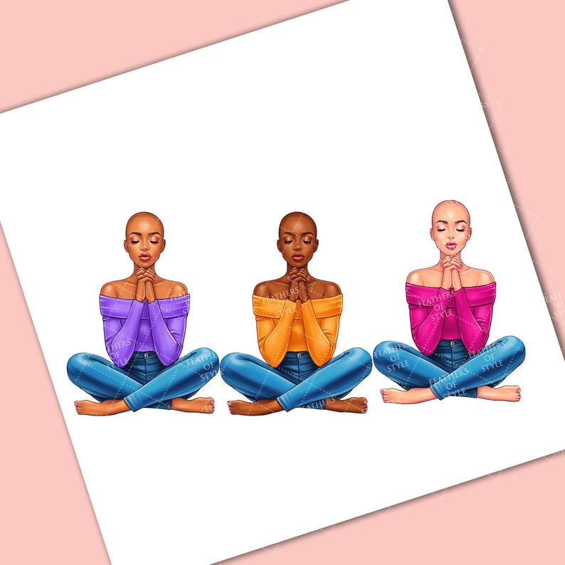 May include: Three women are sitting in a yoga pose with their hands clasped in prayer. They are wearing different colored tops: purple, orange, and pink. They are all wearing blue jeans.