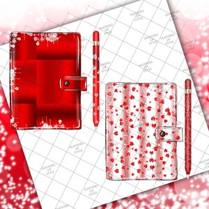 May include: Two red leather-bound journals with different patterns. One journal has a white background with red hearts and the other has a red background with white splatters. Both journals have a silver pen with a clear plastic tip.