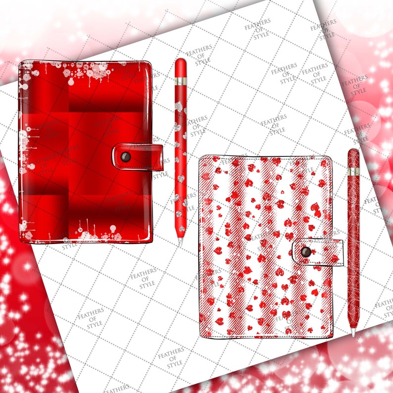 May include: Two red leather-bound journals with different patterns. One journal has a white background with red hearts and the other has a red background with white splatters. Both journals have a silver pen with a clear plastic tip.
