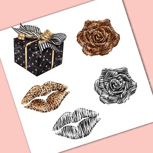 May include: A set of four digital clipart images featuring a black and gold gift box with a striped ribbon, a leopard print rose, a zebra print rose, and two pairs of lips in leopard and zebra prints.
