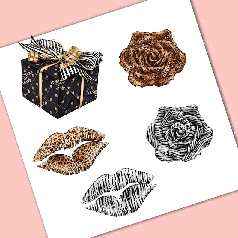 May include: A set of four digital clipart images featuring a black and gold gift box with a striped ribbon, a leopard print rose, a zebra print rose, and two pairs of lips in leopard and zebra prints.