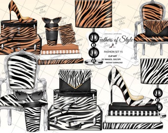 Fashion accessories clipart, Zebra print clipart, Fashion clipart, Fashion set clipart, Fashion Illustration, Bag clipart, Shoe clipart