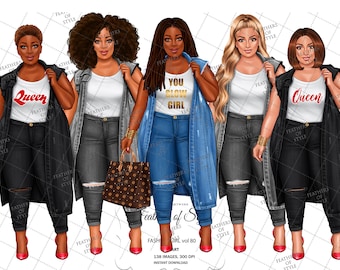 Plus size girls clipart, Curvy girls clipart, Denim clipart, Fashion girls clipart, African American clipart, Afro girls clipart