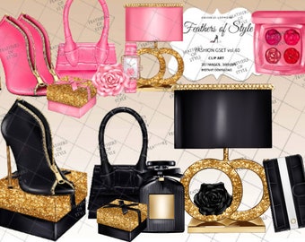 Mode accessoires clipart, Mode clipart, Mode Illustratie, Mode set clipart, Tas clipart, Schoen clipart, Roze planner clipart