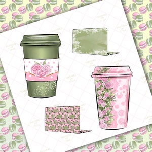 May include: Two to-go coffee cups with floral designs. One cup is green with a pink floral design and the other is pink with a green floral design. There are two laptop covers with floral designs. One is green and the other is pink.
