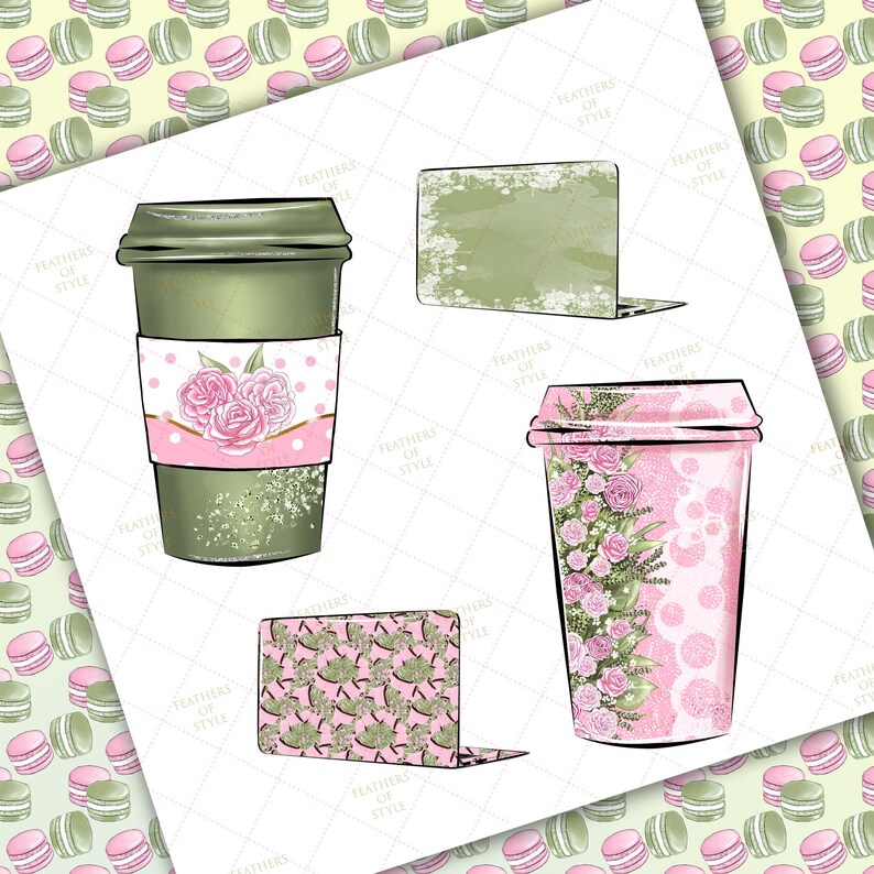 May include: Two to-go coffee cups with floral designs. One cup is green with a pink floral design and the other is pink with a green floral design. There are two laptop covers with floral designs. One is green and the other is pink.