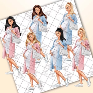 May include: Five illustrations of pregnant women in different poses, each wearing a long dress and carrying a white shopping bag. The women are wearing different colored dresses, including pink, blue, and white.