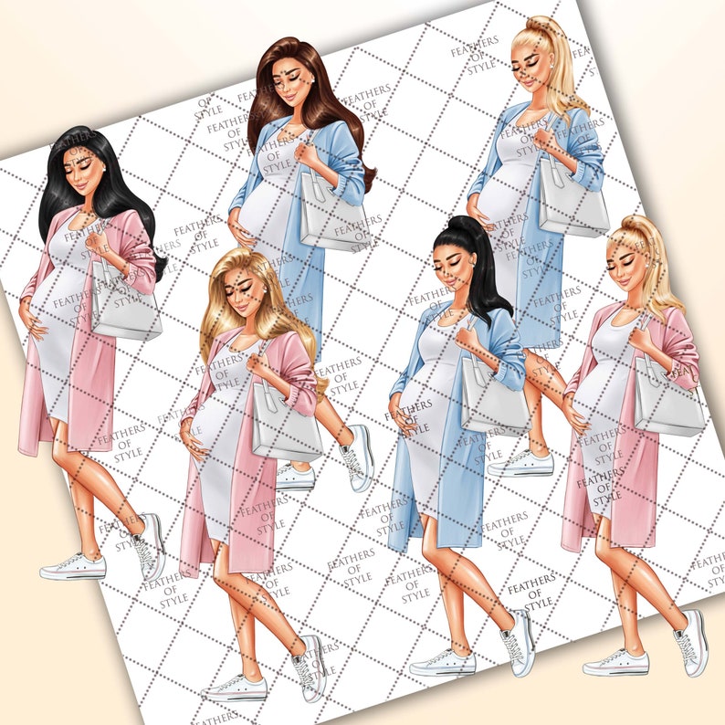 May include: Five illustrations of pregnant women in different poses, each wearing a long dress and carrying a white shopping bag. The women are wearing different colored dresses, including pink, blue, and white.